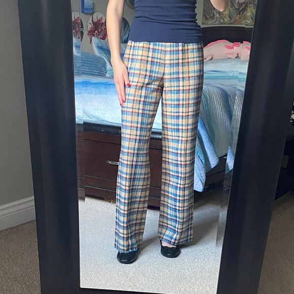 Pendleton Pants - Vintage Pendleton Rare 100% Virgin Wool Checked Wide Leg Pants in Blue & Tan